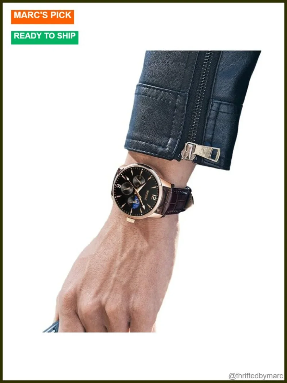 Men's Leather Watch, Rose Gold-Tone Analog Quartz Business Dress Watch